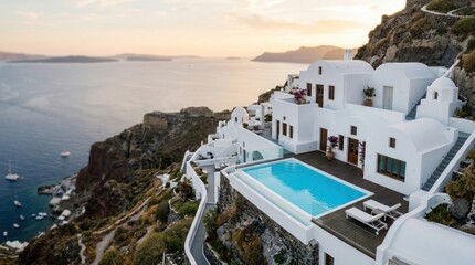 Obraz premium Luxury villa with infinity pool overlooking the aegean sea in santorini, greece at sunset