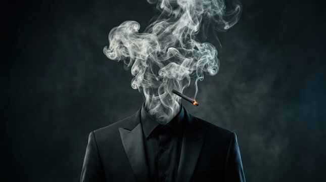 Abstract Smoke Portrait: A person's silhouette is enveloped in wisps of smoke, with a lit cigar held delicately, conveying mystery and intrigue, a portrait of abstract beauty and enigmatic character.