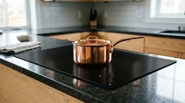 Copper saucepan with lid on a modern induction cooktop in a bright kitchen