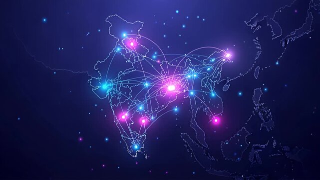 global neon network on world map with glowing connections and nodes