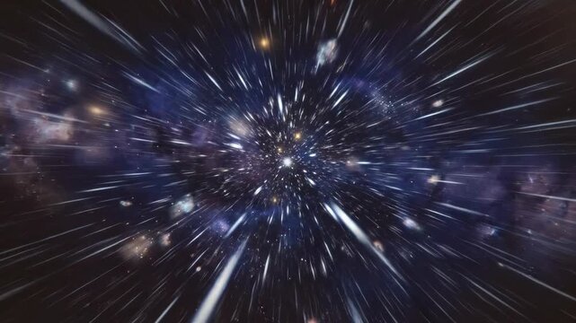 Cinematic video footage of a fast journey through a starfield at warp speed in deep space, creating long light trails.