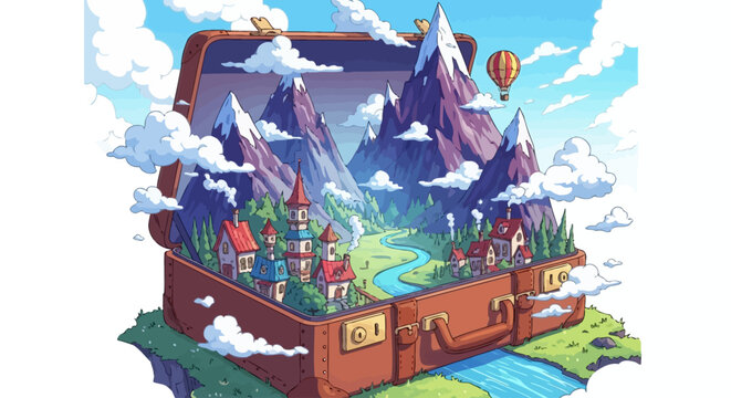 Fantasy travel adventure landscape illustration within an open suitcase, a vibrant dream world concept ready for vector icon sheet and various icons in a high-quality vector sheet collection