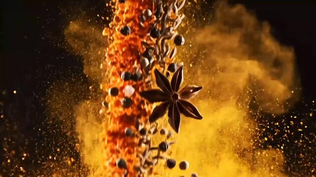 Explosion of spices and herbs with star anise in motion on a dark background
