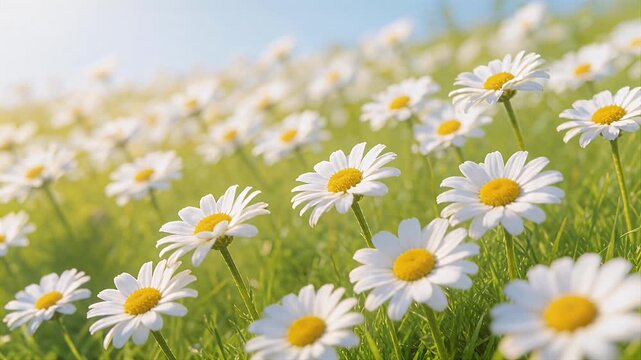 daisies in sunlit meadow, white petals, yellow centers