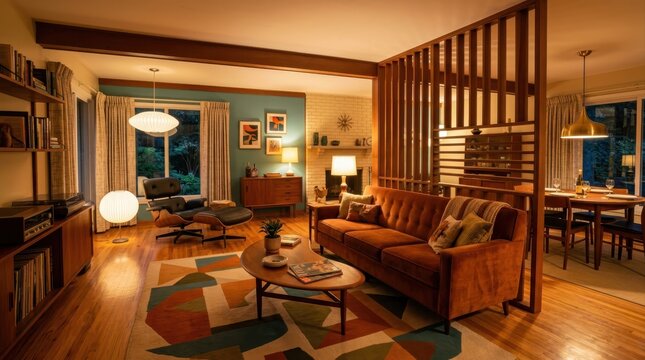 Midcentury modern living room interior with vintage furniture and warm lighting