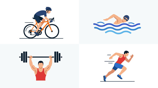 A versatile flat design vector illustration set featuring minimalist 2D icons for cycling, swimming, weightlifting, and running, perfect for sports categories or event schedules. 