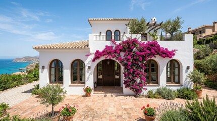 Naklejka premium Stunning white villa with vibrant bougainvillea, tiled patio, and turquoise sea view