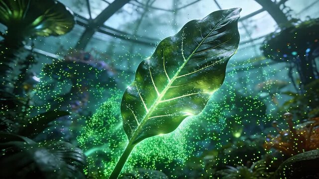 Glowing giant leaf with green veins and particles in jungle greenhouse