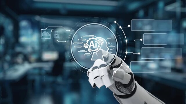 A robotic hand engages with a holographic interface showcasing generative AI technology, illustrating a blend of human and machine interaction in a cutting-edge digital space. Auvana