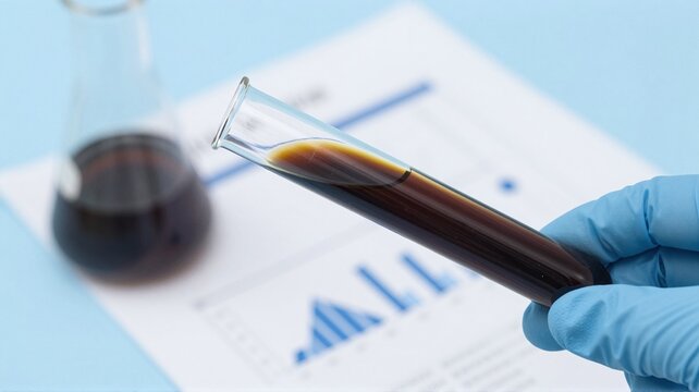 Gloved hand holding oil sample during energy crisis