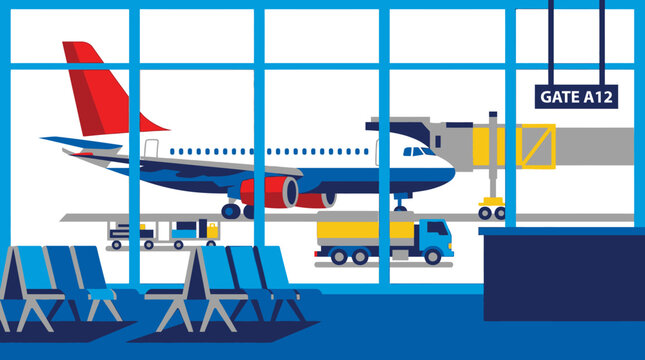 Airplane at airport gate with luggage cart.