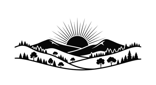 Black and white illustration of mountains trees and a rising sun
