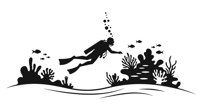 Silhouette of a scuba diver exploring a coral reef ecosystem