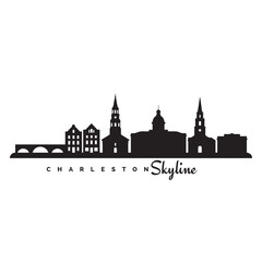 Fototapeta premium Charleston skyline icon in simple black and white style, featuring a minimalist silhouette of historic buildings, church steeples, and a bridge. Designed with clean solid black shapes on a white backg