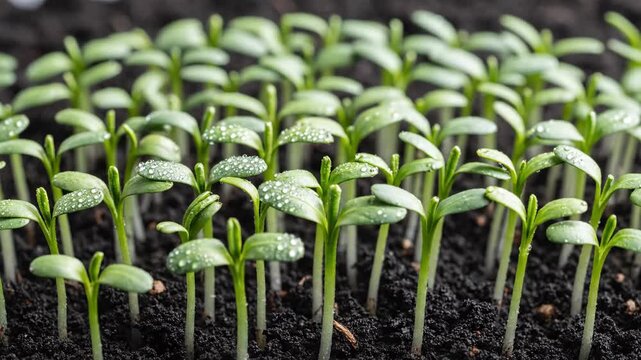 Close up of Green Seedlings Sprouting from Dark Soil with Water Drops