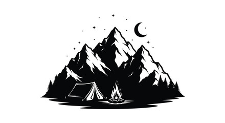 Silhouette of mountains campfire and tent under a crescent moon © Mdmojibur
