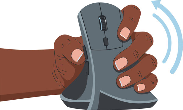 A hand demonstrates proper vertical mouse grip for wrist health. The image showcases ergonomic design and a comfortable hand position. Clean, modern illustration.