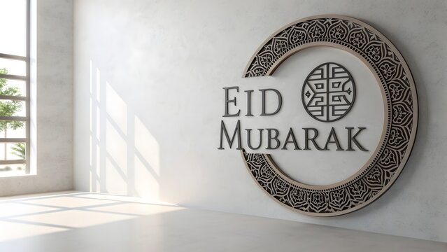 Eid Mubarak calligraphy in ornate metal wall decor with natural light