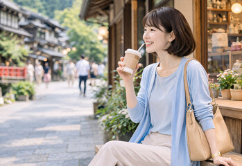 Fototapeta premium 観光地でドリンクを飲む女性