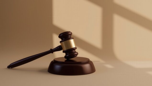 Escena de tribunal usando mazo de madera en una subasta judicial simbolizando justicia, castigo y autoridad en un caso de crimen y divorcio