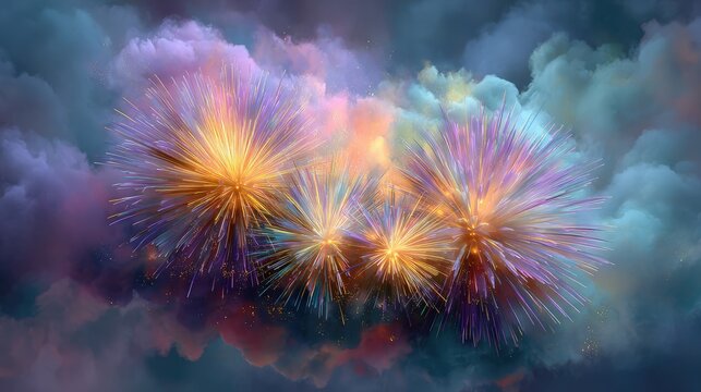 Vibrant Colorful Fireworks Bursting Above a Dreamy Cloudy Sky at Night Celebrating Joyous Occasions with Splashes of Light and Color in Nature's Display