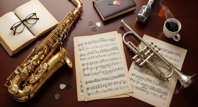 Saxophone and Sheet Music on Wooden Desk Top View