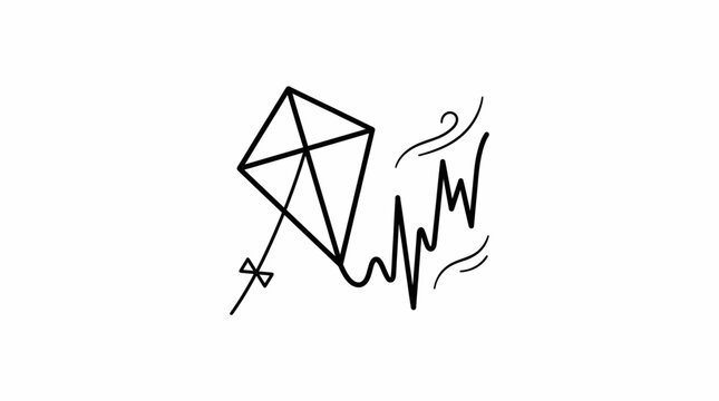 A simple line art icon depicts a kite flying with a tail outdoors in windy conditions.