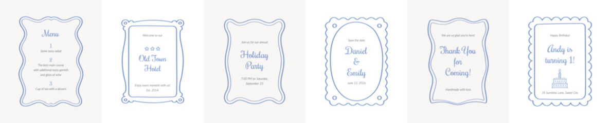 Naklejka premium Set of six unique hand drawn rectangular frames with whimsical wavy borders