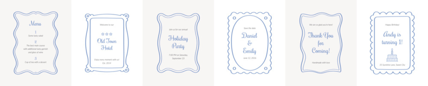 Set of six unique hand drawn rectangular frames with whimsical wavy borders