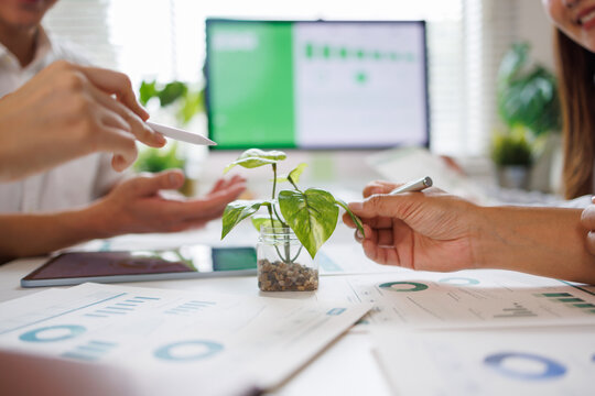 Business people discussing sustainable growth and environmental analytics