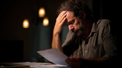 Obraz premium Stressed man reviewing bills experiencing financial problems