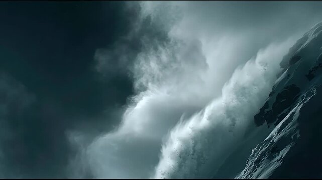 Massive snow avalanche crashing down steep winter mountain slope