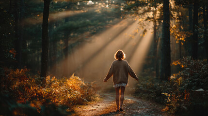 Obraz premium Woman walking alone in forest with sun rays, peaceful nature scene, freedom, mindfulness and self discovery concept