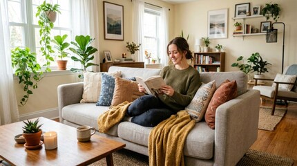 Obraz premium A woman in a green sweater sits on a beige couch with a yellow throw blanket, reading a book in a cozy living room with potted plants, a wooden coffee table, and a white wall with framed pictures.