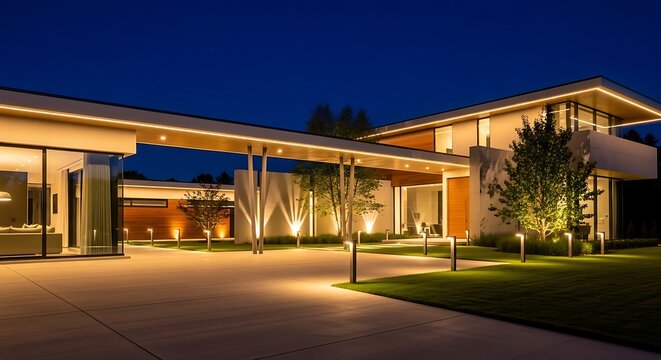Modern luxury house at night illuminated driveway and architectural lighting contemporary residential real estate exterior