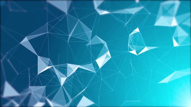 Futuristic technology digital animation featuring white geometric polygonal shapes moving across a deep blue gradient background for corporate presentations.
