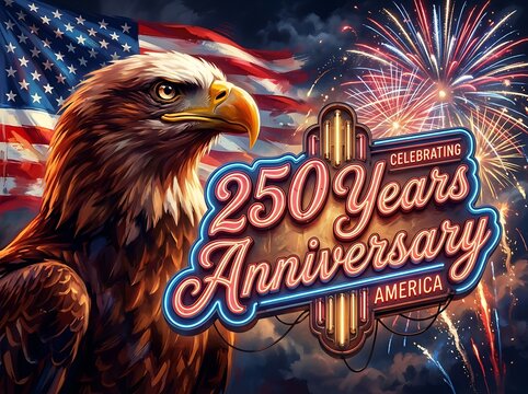 American bald eagle with 250 years anniversary celebrating america fireworks