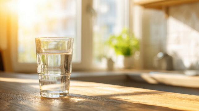 Water glass on kitchen table with morning sunlight