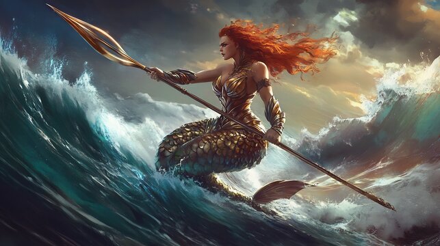 Warrior mermaid holding a trident emerging from stormy seas with waves crashing around her Her fierce expression and armor like scales give her a powerful mythical presence