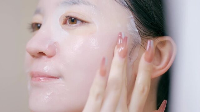Young beauty woman applies lotion soaked sheet mask or care cosmetics to her face, girl massage serum on face treatment, cosmetology professional creamy facial skin care to her cheek with her fingers