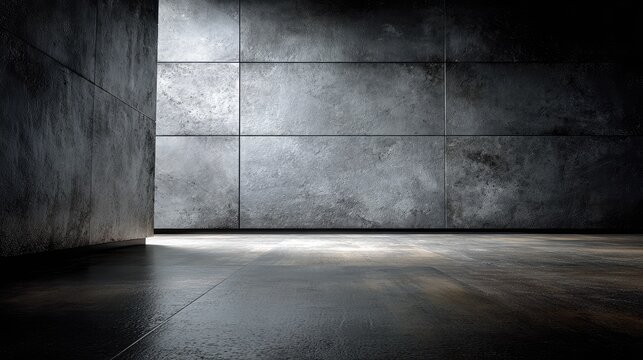 Dark Concrete Room with Dramatic Lighting and Textured Walls, Perfect for Minimalist Design, Photoshoots, and Contemporary Art Displays in Urban Spaces