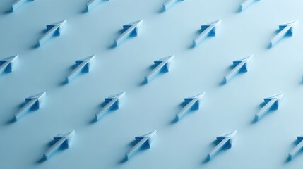 Obraz premium Abstract arrangement of blue paper airplane models on a soft pastel background creating a dynamic and playful visual texture for creative projects