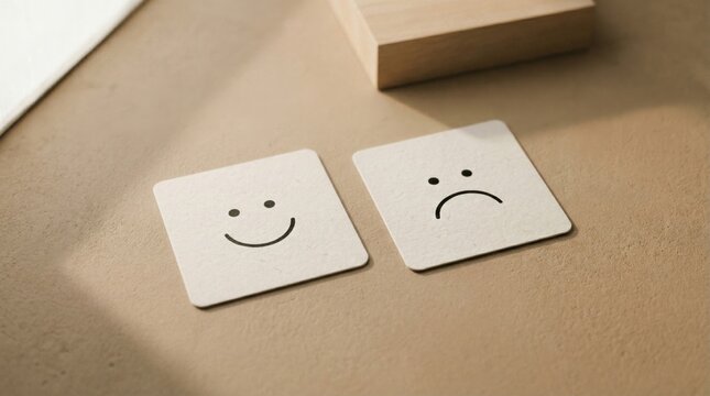 Joyful Sadness: Smiling and frowning faces representing two contrasting states of mind, placed on square cards under soft lighting, creating a scene of emotional duality