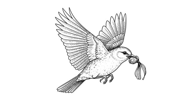 Bird illustration of a perched finch with spread wings and detailed feathers in vintage engraving style