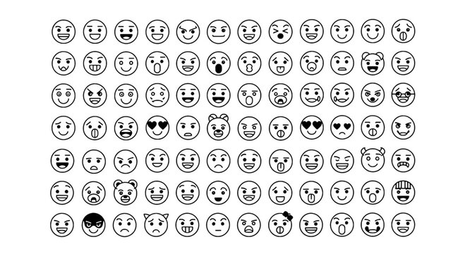 Smiley faces icon sheet with assorted expressions and simple line art, ideal for social media reactions and emotion communication
