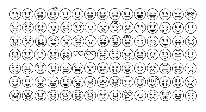 Emoticon faces set with smiley characters, hearts, winks, and gestures in doodle line style for fun communication icons