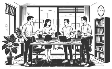 Obraz premium office workers collaborating around a table, reviewing paperwork and using laptops in a modern workspace setting sketch engraving generative ai vector illustration. Scratch board. Black and white.