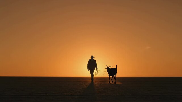 A person and dog silhouette journey at sunset, symbolizing companionship and reflection, echoing the spirit of Eid al-Adha