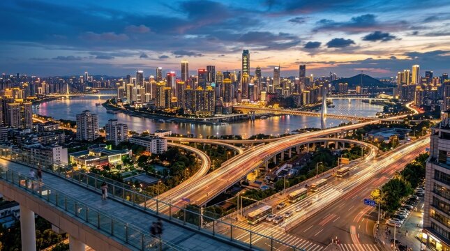 A bustling cityscape at dusk with a river flowing through it, featuring a bridge and multiple high-rise buildings.