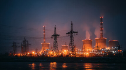 Fototapeta premium Power plant transmitting energy with cooling towers at night
